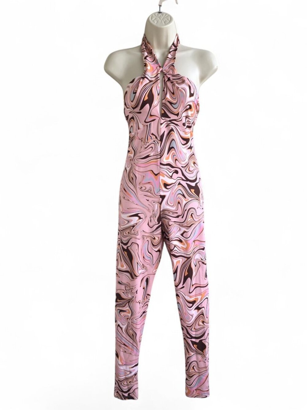 ZARA NWT Marbled Halter Neck Retro style form fitting stretchy Jumpsuit